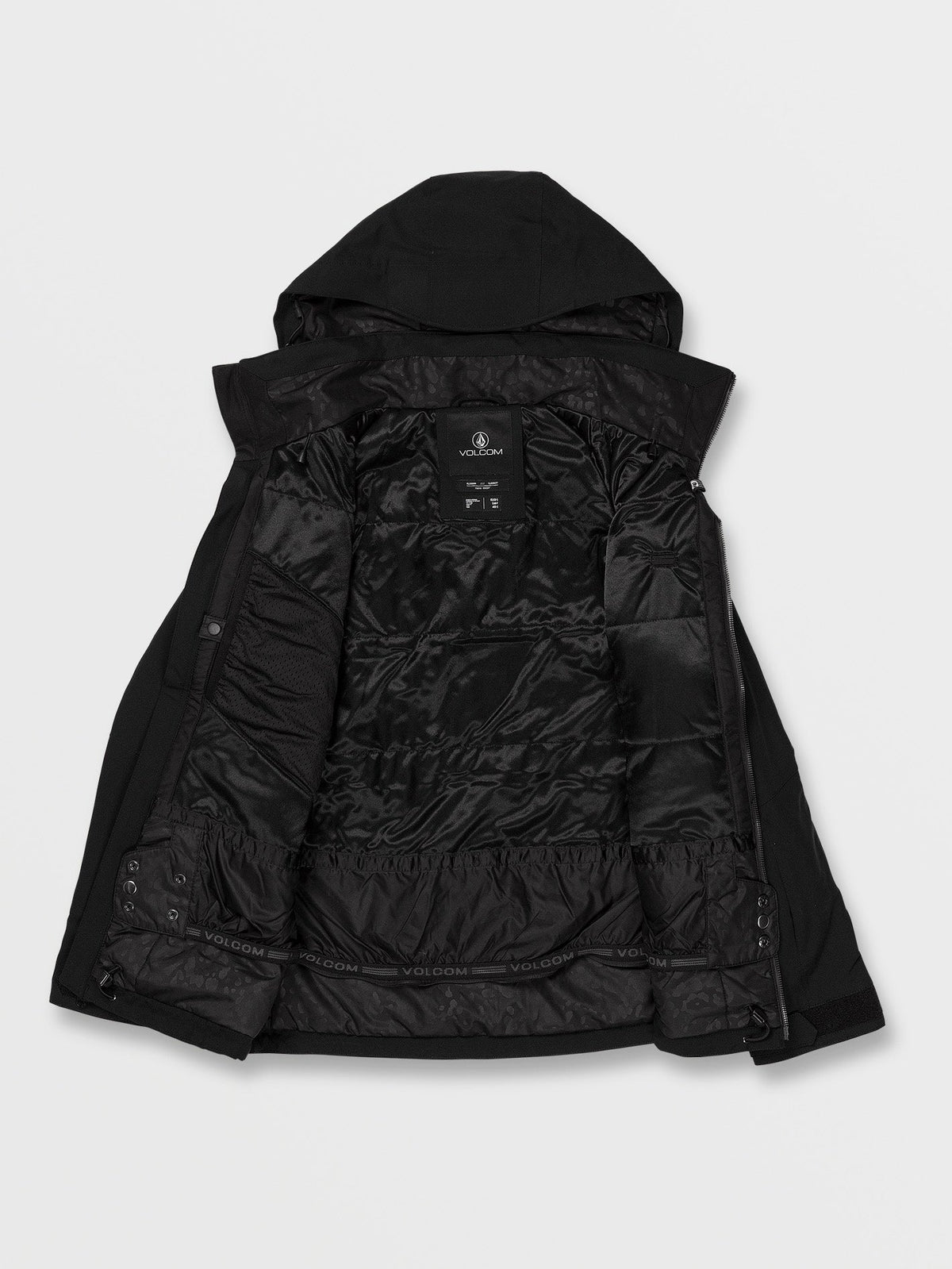 Volcom hooded insulated jacket shown open displaying quilted interior lining and hood