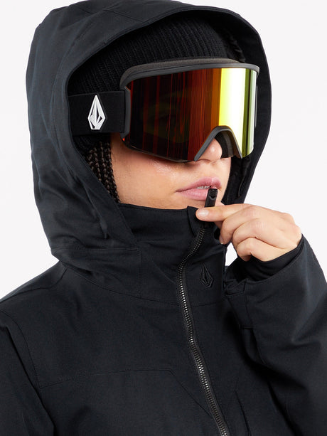 Volcom women's hooded ski jacket with goggle compatibility shown in close-up detail shot
