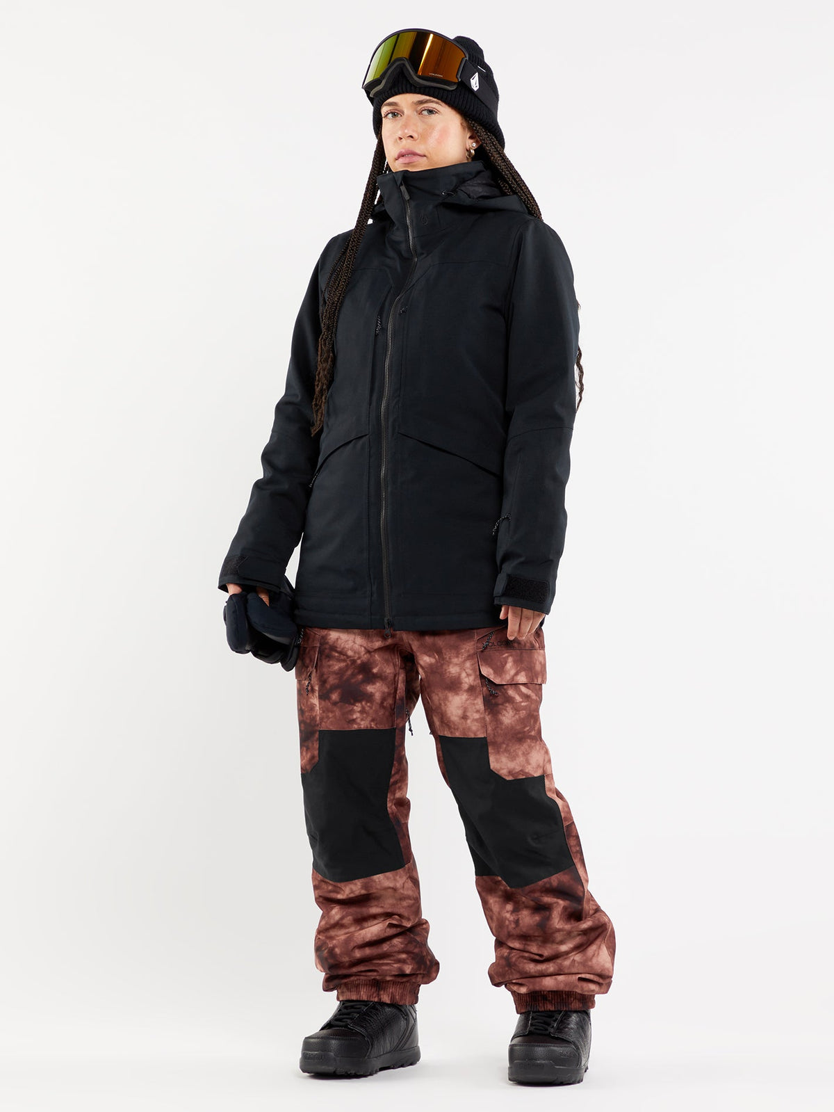 Women's insulated snowboard jacket with zippered chest pockets and adjustable hood.