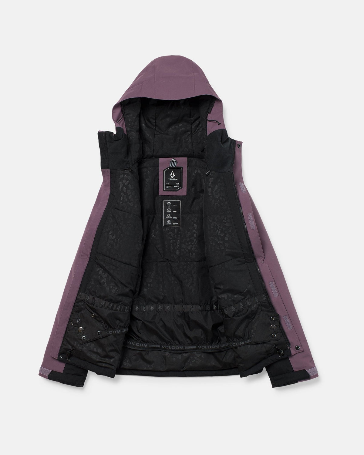 Volcom women's insulated snow jacket shown open displaying black interior lining and hood
