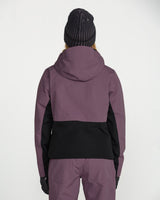 Women's insulated snowboard jacket with hood, colorblock design, shown from back view