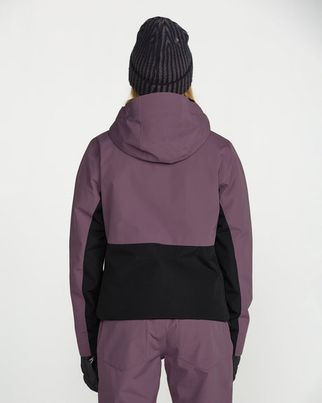Women's insulated snowboard jacket with hood, colorblock design, shown from back view
