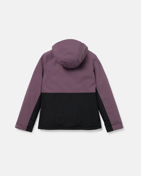 Women's two-tone insulated hooded jacket shown from the back on white background