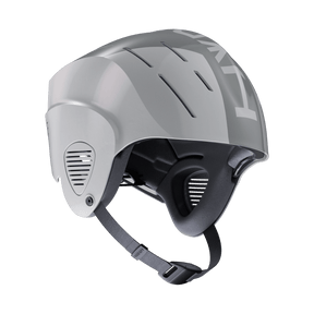 Hyda Coanda Fusion gray ski helmet with ventilation slots and chin strap, side view