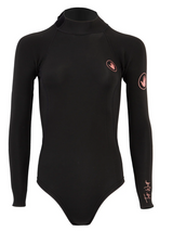 Black long sleeve women's springsuit with pink Body Glove Tatiana West logo patches