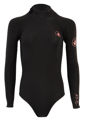 Black long sleeve women's springsuit with pink Body Glove Tatiana West logo patches