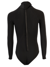 Black long-sleeve women's springsuit wetsuit with back zip and high cut bottom