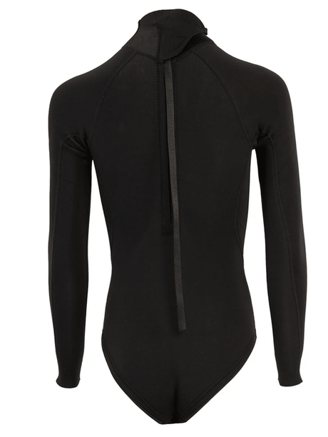 Black long-sleeve women's springsuit wetsuit with back zip and high cut bottom