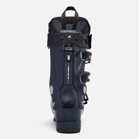 Lange women's ski boot rear view showing suspension blade technology and buckle closure system