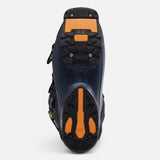 Bottom view of alpine ski boot sole showing orange grip pads and tread pattern