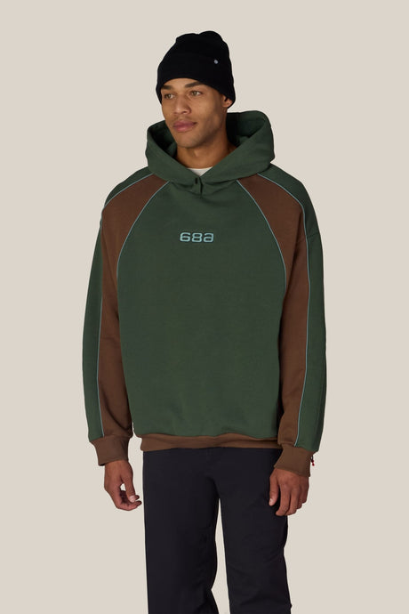 686 men's heavyweight pullover hoodie with contrast color-block panels and embroidered logo
