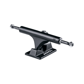 Matte black skateboard truck with silver axle bolts and checkered baseplate logo