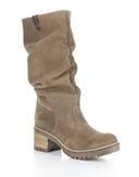 Bos & Co Mist taupe suede mid-calf slouch boot with block heel and lug sole