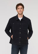 Men's black moleskin snap-button overshirt jacket with dual chest pockets