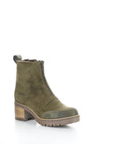Olive green suede ankle boot with front zipper and stacked block heel