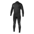 Men's black full wetsuit with chest zip, knee pads, and teal logo badge