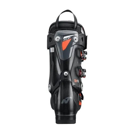 Nordica alpine ski boot rear view showing buckle closures and pull loop on white background