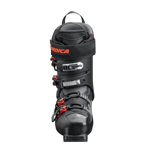 Nordica alpine ski boot with four buckle closure system and pull loop on white background