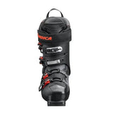 Nordica alpine ski boot with four buckle closure system and pull loop on white background