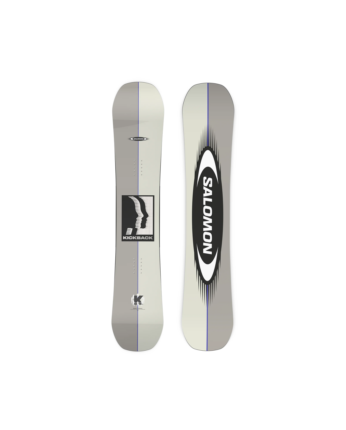 Salomon Kickback snowboard shown front and back, gray with black Salomon oval logo