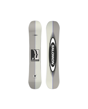 Salomon Kickback snowboard shown front and back, gray with black Salomon oval logo