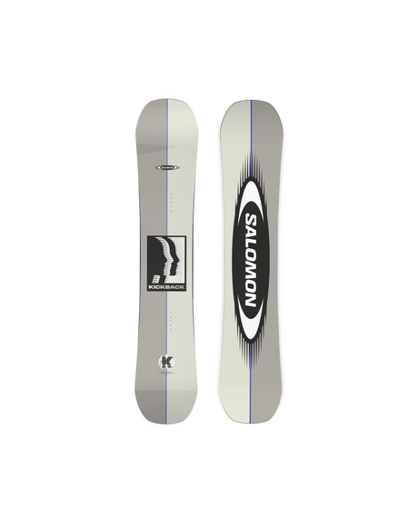 Salomon Kickback snowboard shown front and back, gray with black Salomon oval logo