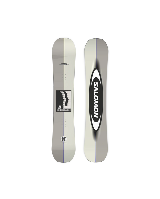 Salomon Kickback snowboard shown front and back, gray with black Salomon oval logo