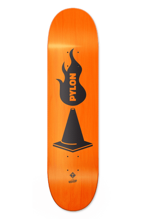 Orange skateboard deck with black flame and traffic cone Pylon graphic
