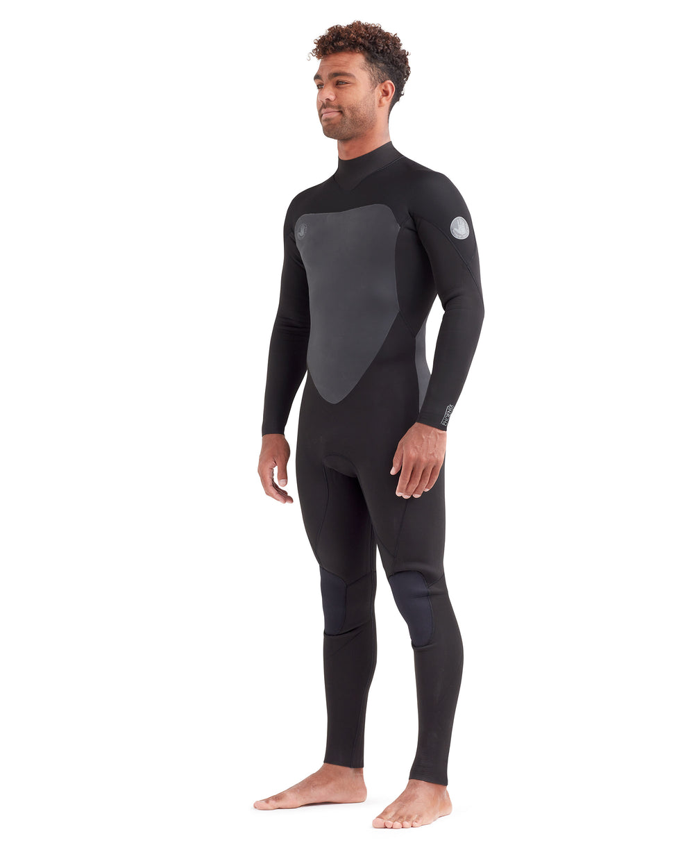 Men's black 4/3mm back-zip fullsuit wetsuit with gray chest panel and logo patch