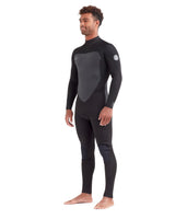 Men's black 4/3mm back-zip fullsuit wetsuit with gray chest panel and logo patch
