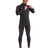 Man wearing black 3/2mm chest-zip full wetsuit, zipping chest closure, front view