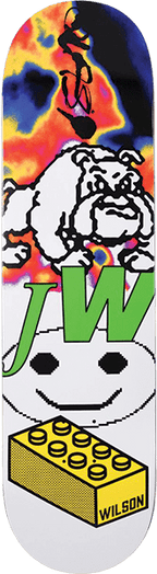 Quasi Wilson Heatmiser white skateboard deck with bulldog, tie-dye, and Lego brick graphics
