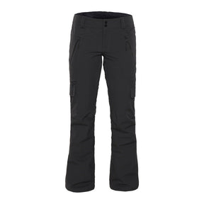 Women's insulated ski pants with cargo pockets and zippered front pockets on white background.