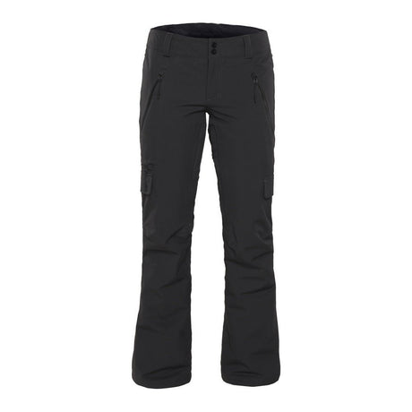 Women's insulated ski pants with cargo pockets and zippered front pockets on white background.