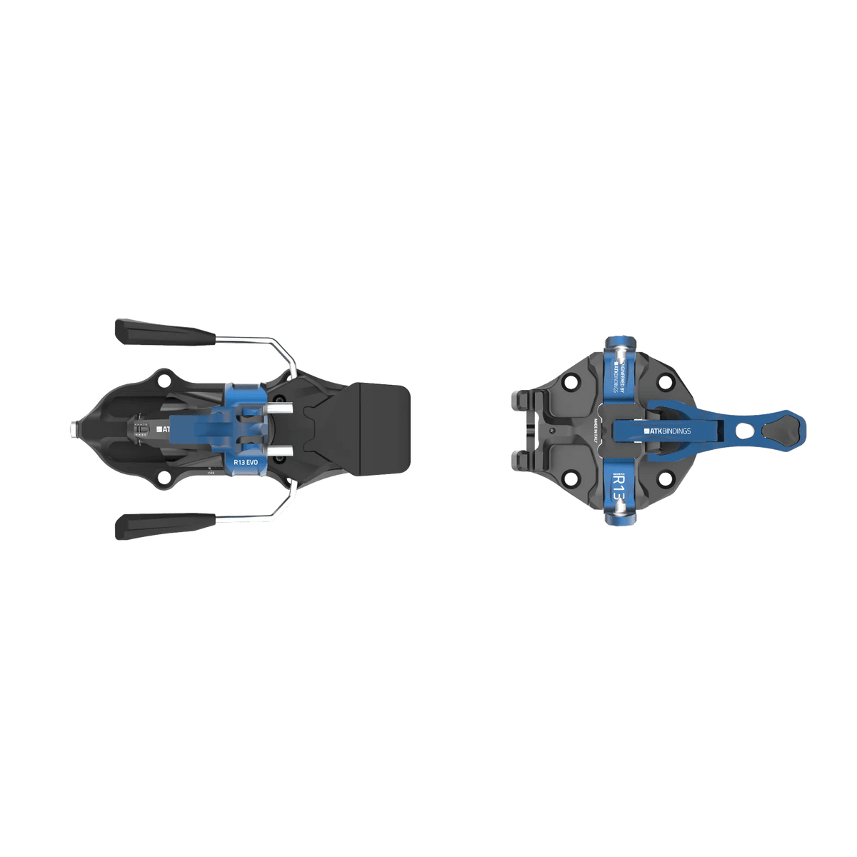 ATK Raider Evo 13 ski bindings in black and blue, top view of toe and heel pieces