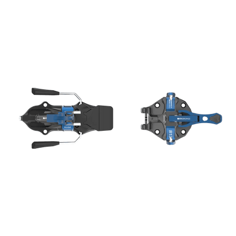 ATK Raider Evo 13 ski bindings in black and blue, top view of toe and heel pieces