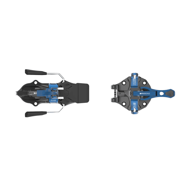 ATK Raider Evo 13 ski bindings in black and blue, top view of toe and heel pieces