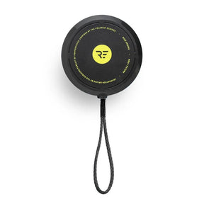 Ride Engine RE Tractable Reel Leash Base black circular unit with yellow logo and wrist strap