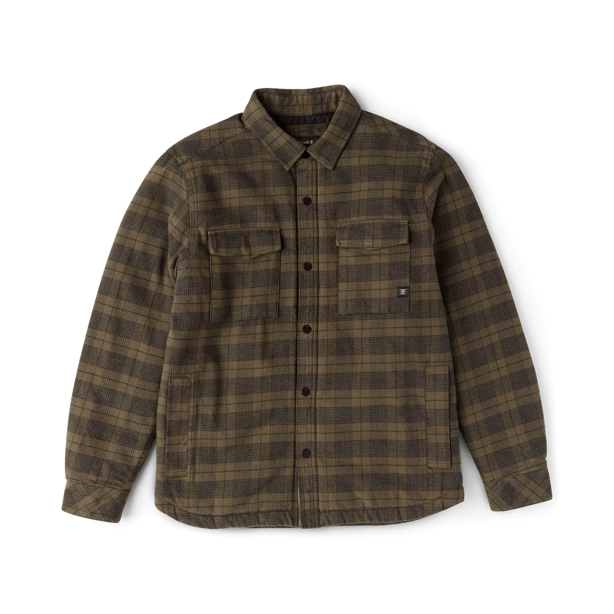 Roark Backwoods flannel shirt jacket with plaid pattern, snap buttons, and dual chest pockets