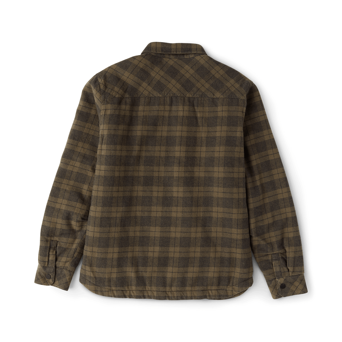 Women's plaid flannel shirt jacket shown from the back with snap cuffs and yoke detail.