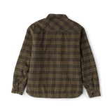 Women's plaid flannel shirt jacket shown from the back with snap cuffs and yoke detail.
