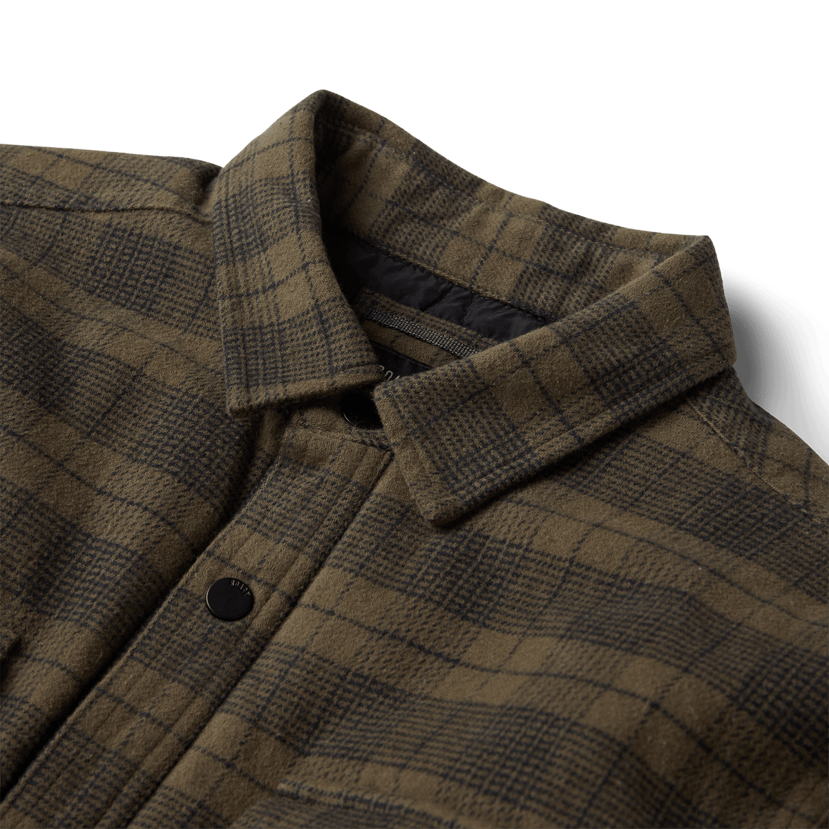 Roark women's plaid shirt jacket with spread collar and snap button closure