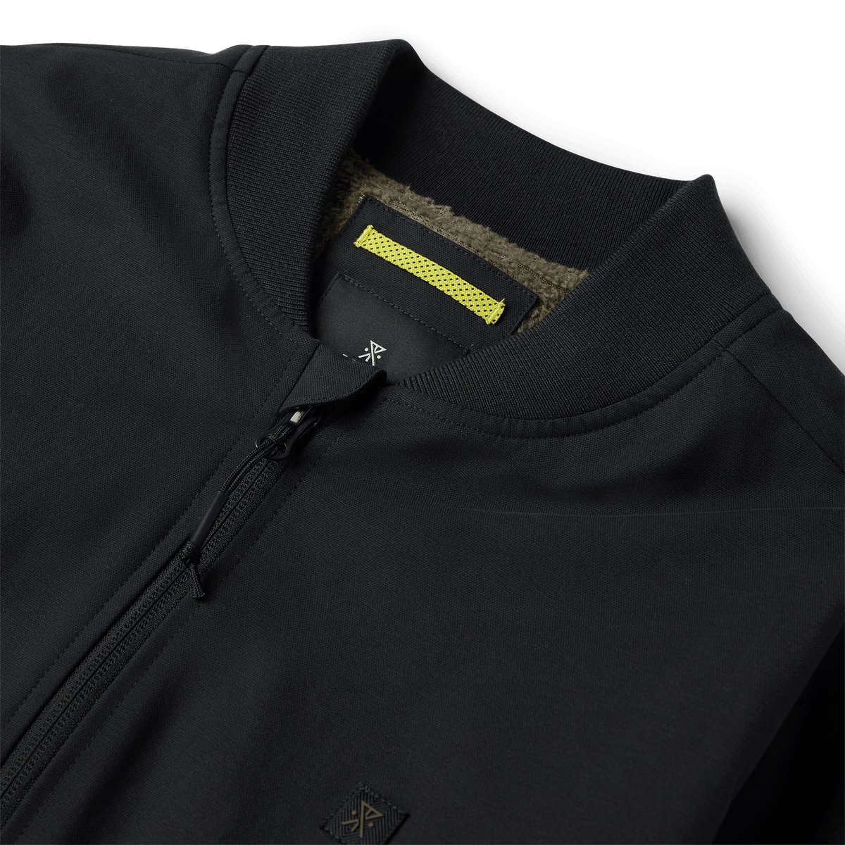 Roark men's bomber jacket with ribbed collar, front zip, and neon interior label detail.