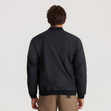 Men's bomber jacket with ribbed collar, cuffs, and hem shown from the back
