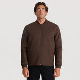 Men's zip-up bomber jacket with ribbed cuffs and small logo patch on chest