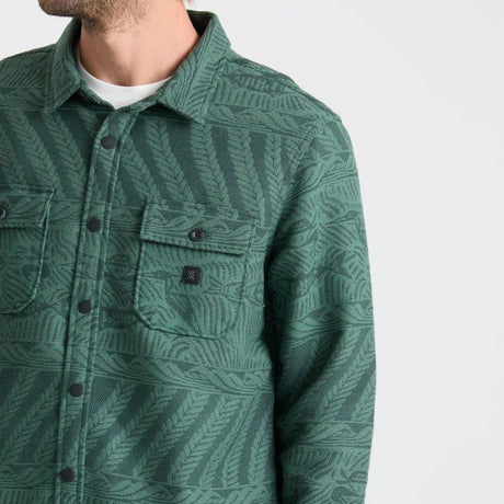 Roark Nordsman green jacquard flannel shirt with leaf pattern and snap buttons