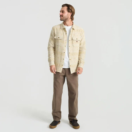 Roark Nordsman Jacquard cream patterned shirt jacket worn open over white tee
