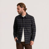 Men's long sleeve striped button-up shirt with dual chest pockets and snap closures