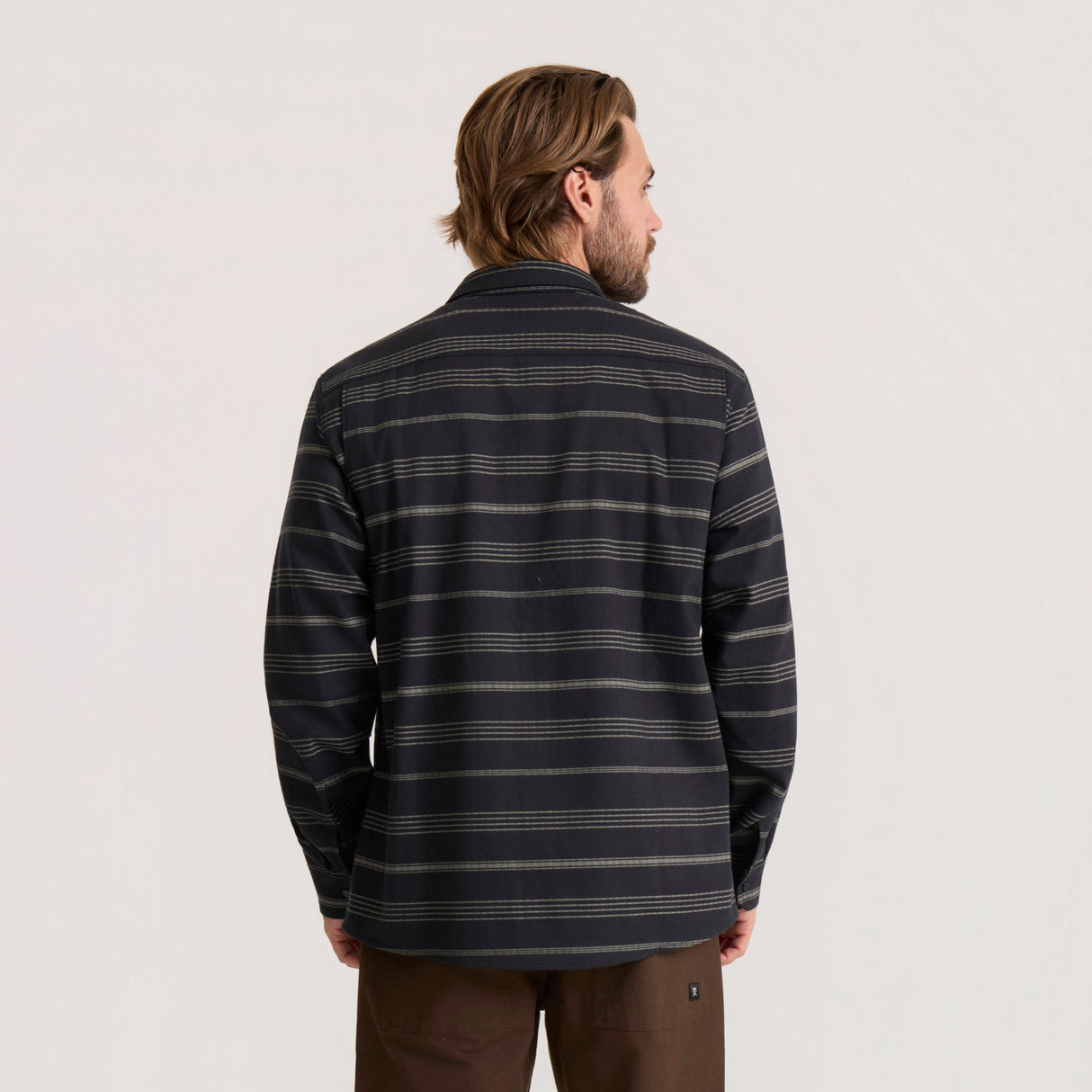 Men's long sleeve striped flannel shirt shown from the back on a model