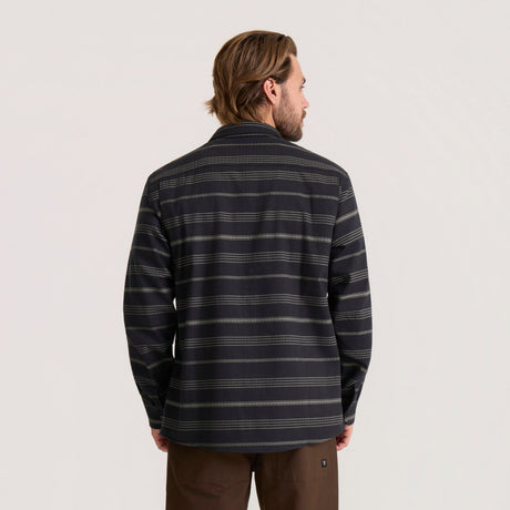 Men's long sleeve striped flannel shirt shown from the back on a model